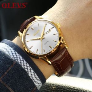 Olevs White Dial Brown Leather Men Watch Luminous Watch